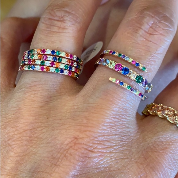 Rose Gold Plated multi color Rainbow Wedding Band - Picture 2 of 8